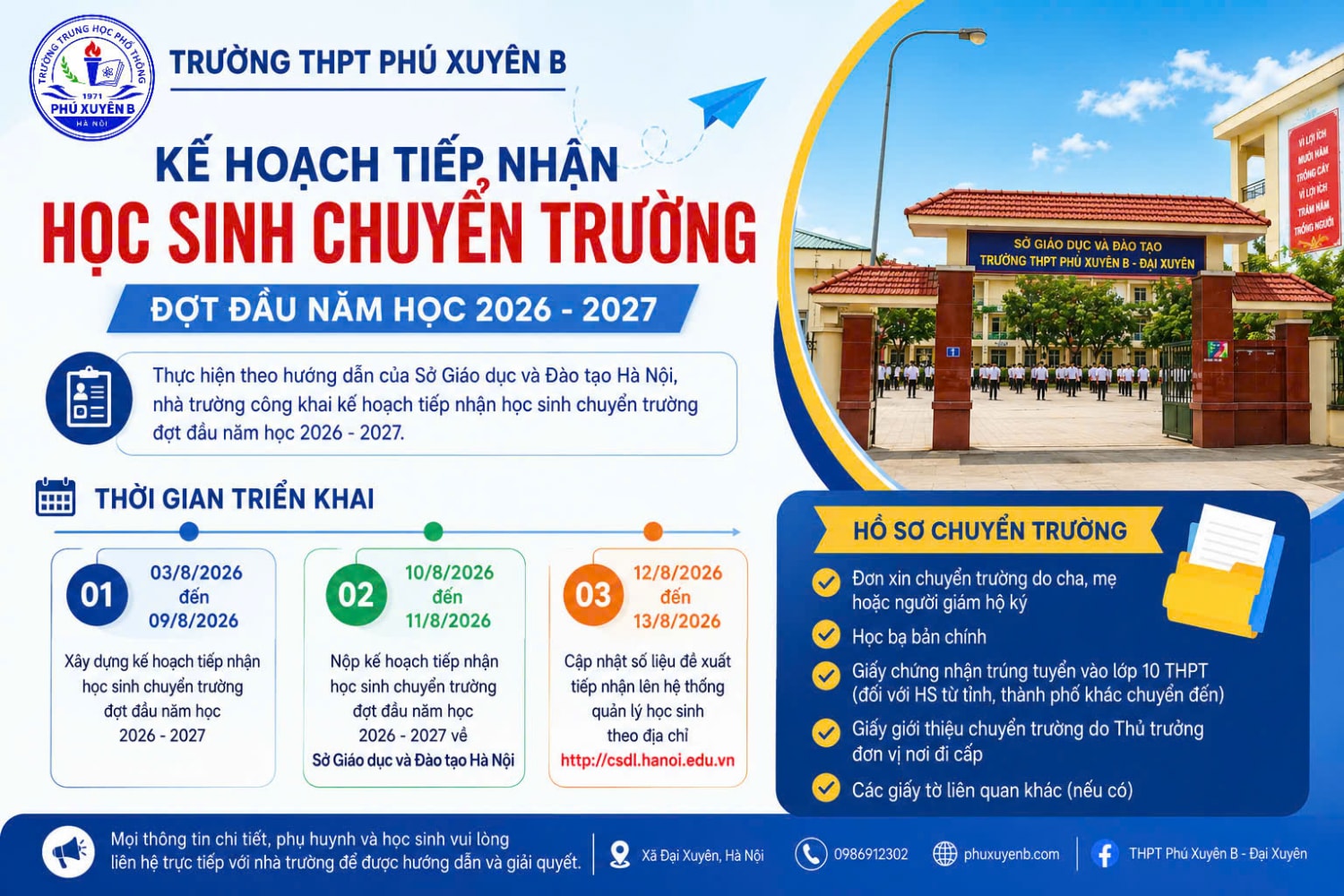 TRƯỜNG THPT PHÚ XUYÊN B THÔNG BÁO KẾ HOẠCH TIẾP NHẬN HỌC SINH CHUYỂN TRƯỜNG ĐỢT ĐẦU NĂM HỌC 2026–2027